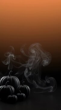 Halloween Pumpkins with Smoke - A group of black pumpkins sits on a dark surface, illuminated by wisps of smoke swirling around them against an orange gradient background.