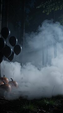 Misty Forest Balloons and Pumpkins - Black balloons and pumpkins are partially obscured by thick mist in a dark, dense forest setting.