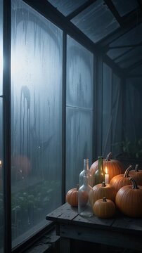 Moonlit Greenhouse Harvest Display with Pumpkins and Bottles - A spooky, moonlit scene inside an abandoned greenhouse features a rustic wooden table laden with pumpkins and vintage glass bottles.