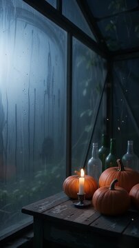 Moonlit Greenhouse with Pumpkins and Bottles - Inside a dimly lit greenhouse, several pumpkins and old glass bottles are arranged on a rustic wooden table.