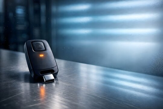 A modern biometric USB-C hardware security key with a fingerprint sensor for secure two-factor authentication.