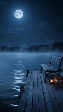 Moonlit Lake Dock with Pumpkins and Lantern - A serene night scene unfolds on a wooden dock by a misty lake, illuminated by a full moon and the warm glow of a lantern.