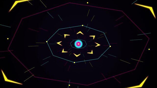 Glowing neon futuristic geometric tunnel animation with yellow chevrons and a pulsing blue core