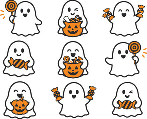 Obraz premium A collection of cute cartoon ghosts holding pumpkins and sweets for the Halloween holiday season.