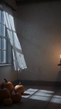 Old Farmhouse Corner with Pumpkins and Candlelight - A dimly lit corner of an old farmhouse room features several pumpkins on a wooden floor, bathed in light filtering through a tattered curtained