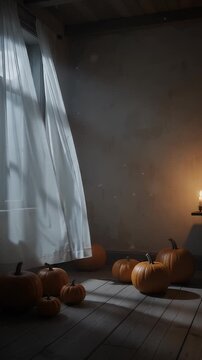 Old Farmhouse Halloween Pumpkins By Candlelight - A dimly lit room in an old farmhouse features several pumpkins arranged on a wooden floor, illuminated by a single candle and light streaming through
