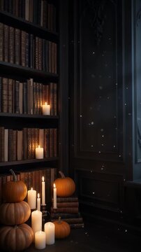 Old Library with Halloween Decorations - A dimly lit library features shelves filled with vintage books and several lit candles.