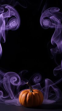Purple Smoke Swirls Around Halloween Pumpkin - A single orange pumpkin sits on a dark surface, framed by swirling wisps of purple smoke against a black background.