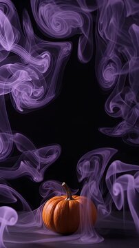 Purple Smoke Swirls Around Orange Pumpkin - A single orange pumpkin sits on a dark surface surrounded by swirling purple smoke. The smoky tendrils create an ethereal and mysterious atmosphere.