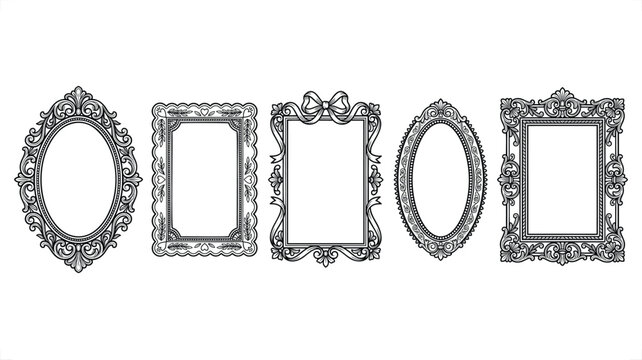 Ornate vintage frames in elegant black line art, decorative borders and flourishes for vector illustration design