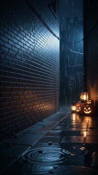 Rainy Alley with Jack-o'-Lanterns - A dark alleyway on a rainy night, illuminated by the eerie glow of jack-o'-lanterns and vintage lanterns.