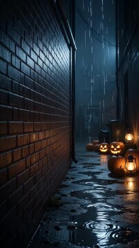 Rainy Alley with Jack-o'-Lanterns and Lanterns - A dark, narrow alleyway is illuminated by the eerie glow of carved jack-o'-lanterns and old-fashioned lanterns, set against a backdrop of heavy rain