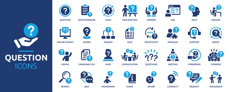 Question Icon Set. Inquiry, Asking, Query, Answer, Help, Explanation and Questionnaire Solid Vector Icons Collection.
