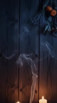 Rustic Wooden Background with Candles and Autumn Decor - This video features a dark, rustic wooden plank background with two lit candles at the bottom.
