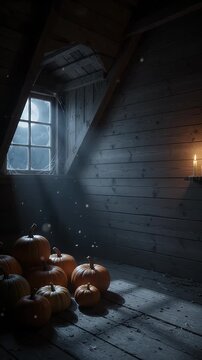 Spooky Attic Halloween Pumpkins by Moonlight - A collection of pumpkins rests on the wooden floor of an old attic, illuminated by the moonlight streaming through a dusty window.