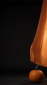 Single Pumpkin with Orange Drape on Black Background - A single, ripe orange pumpkin sits on a dark surface, partially obscured by flowing orange fabric.