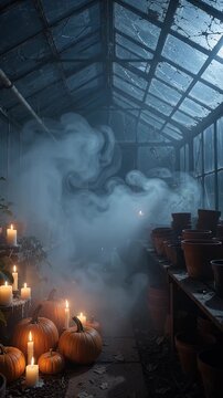 Spooky Greenhouse Halloween Decor - An eerie greenhouse setting filled with pumpkins and lit candles, shrouded in mysterious fog.