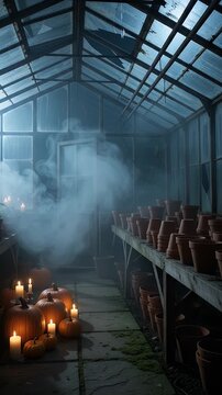 Spooky Greenhouse With Pumpkins And Candles - A dimly lit, eerie greenhouse features a collection of pumpkins illuminated by flickering candles, while shelves are filled with terracotta pots.