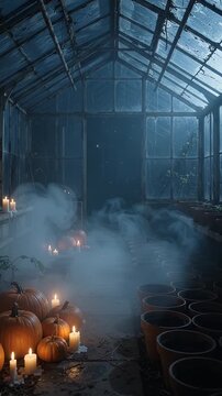 Spooky Greenhouse with Pumpkins and Candles - An eerie scene unfolds inside a dilapidated greenhouse filled with pumpkins and flickering candles.