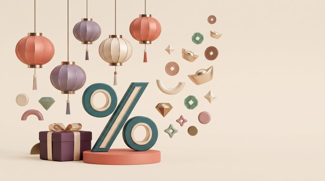 Colorful percentage symbol with hanging ornaments and gift box