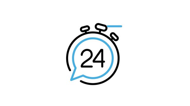 Animated 24 hour fast response icon. Stopwatch with speech bubble animated video for message, chat, feedback, reply, answer, comment, help, support on social media. Motion graphics with alpha channel