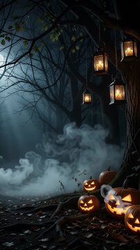Spooky Halloween Forest Path with Lanterns and Jack-o'-Lanterns - A dark, foggy forest path on Halloween night, illuminated by hanging lanterns and glowing jack-o'-lanterns.