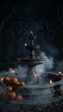 Spooky Halloween Fountain with Pumpkins and Candles - A dark and mysterious garden scene featuring a multi-tiered stone fountain surrounded by pumpkins and flickering candles.