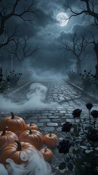 Spooky Halloween Night Path with Pumpkins and Black Roses - A haunting Halloween scene unfolds with a cobblestone path leading into a misty, moonlit forest.