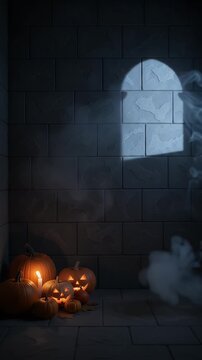 Spooky Halloween Pumpkins Illuminated by Candlelight in Dark Stone Room - A collection of carved and uncarved pumpkins are arranged on a stone floor in a dimly lit room, casting an eerie glow.