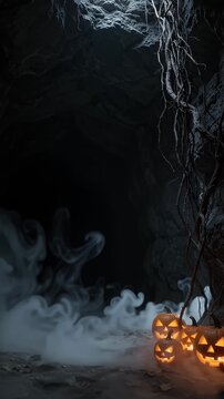 Spooky Halloween Pumpkins in Dark Cave Entrance - Several carved, glowing jack-o'-lanterns sit on the ground in a dark, ominous cave entrance.