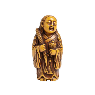 Carved monk statue holds a staff and gourd. Standing figure shows folded robes on transparent background. Buddhist spirituality and eastern cultural decor concept.