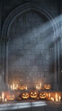 Spooky Halloween Pumpkins with Candles in Gothic Archway - A festive scene featuring carved jack-o'-lanterns illuminated by candlelight, set against the dramatic backdrop of a stone gothic archway.