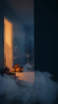 Spooky Hallway With Pumpkins and Fog - A dimly lit hallway features several pumpkins arranged near an open doorway bathed in warm light.