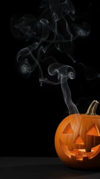 Spooky Jack O Lantern with Smoke - A glowing carved pumpkin, commonly known as a Jack O Lantern, emits ethereal smoke against a dark background.