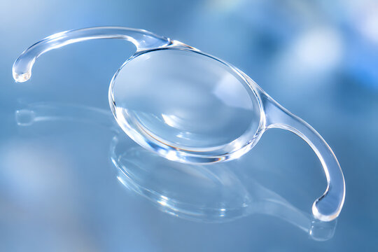 Intraocular Lens Implant Close Up Transparent Ophthalmic Prosthesis for Cataract Surgery, Vision Correction, Eye Care and Clinical Ophthalmology