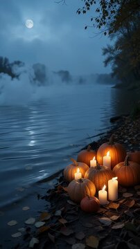 Spooky Moonlit Pumpkins by Misty River - A collection of glowing pumpkins are illuminated by candlelight on a misty autumn night.