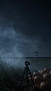 Spooky Nighttime Pumpkin Patch with Camera and Cross - A tripod-mounted camera is positioned in a dark, foggy pumpkin patch at night.