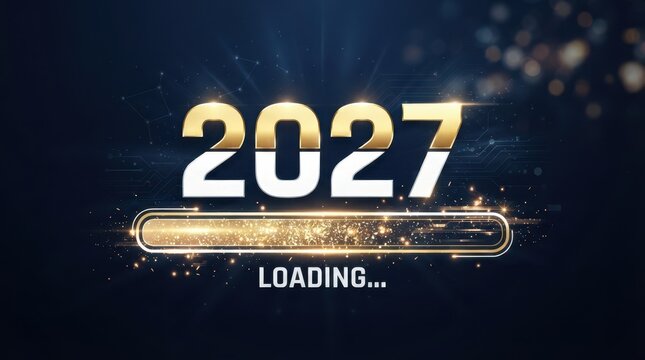 Happy New Year Futuristic 2027 loading screen with high-tech glowing gold progress bar and digital circuit lines on a dark background design 2027