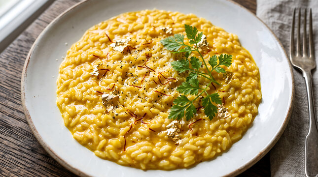 Hyper Realistic 9K 60 Degree Angle Close Up Vatican Papal Saffron Risotto with Gold Leaf Food Photography