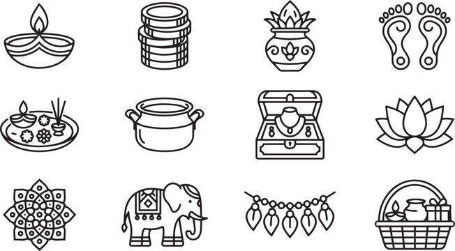 Dhanteras festival celebration line icon set vector illustration.