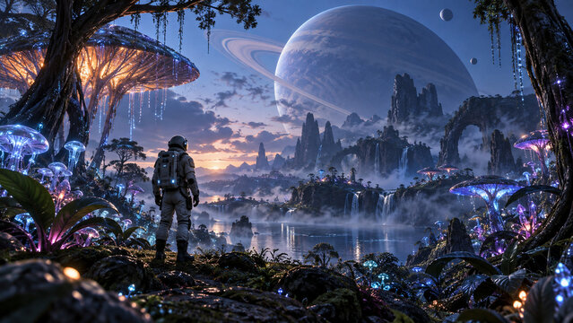 Astronaut Exploring a Hyper Real Bioluminescent Alien Forest Beneath a Giant Ringed Planet at Twilight
