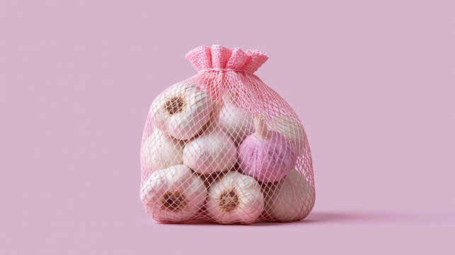 A bag of fresh garlic bulbs on a pastel pink background.