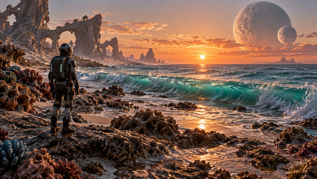 Astronaut Standing on a Hyper Real Alien Ocean Shore at Sunset Beneath Two Giant Moons
