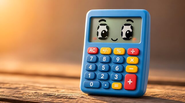 Blue toy calculator with funny cute face sitting on a wooden table