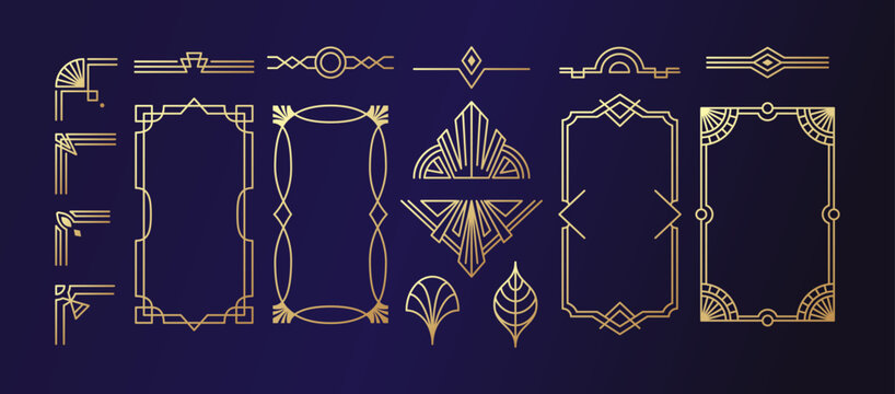 Art deco frame. Gatsby ornament. Gold corner element, line border collection. Geometric design, elegant icon. Luxury divider, vintage pattern premium branding. Vector graphic isolated illustration