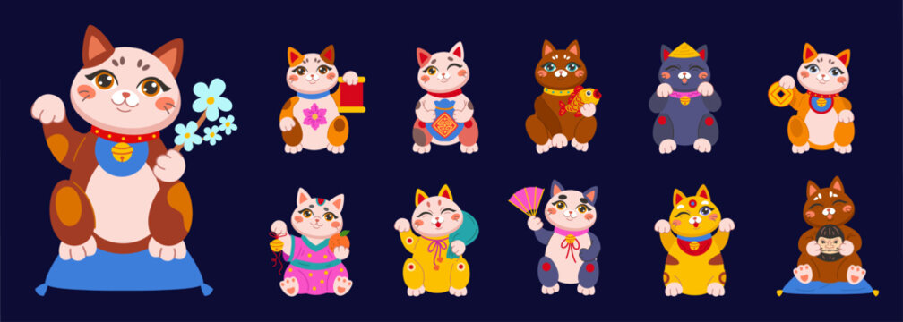 Maneki Neko cat. Cute Japanese animal. Chinese kitten. Lucky fortune. Asian kawaii symbol, icon of luck, money sign. Oriental toy. Vector happy tidy character, cartoon flat style isolated illustration
