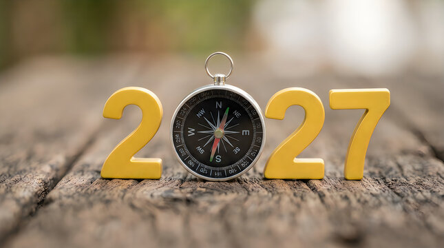 A compass placed between the numbers 2 and 27, representing the year 2027 on a rustic wooden surface