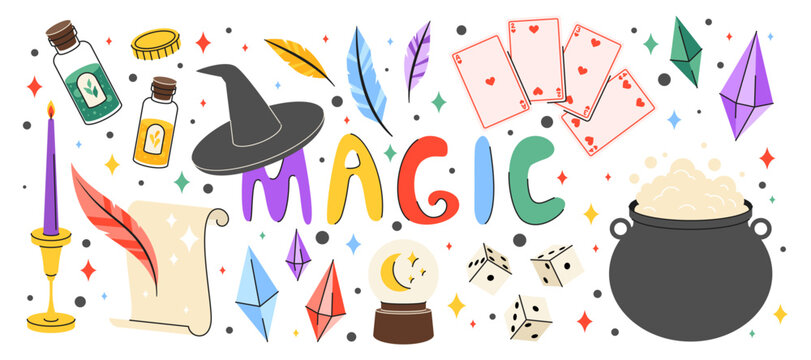 Magician icon. Cute magic hat, focus, mystery ball. Witch element. Wizard trick with card. Fantasy pot. Candle, crystal, playing dice, potion. Vector garish cartoon flat isolated graphic design set