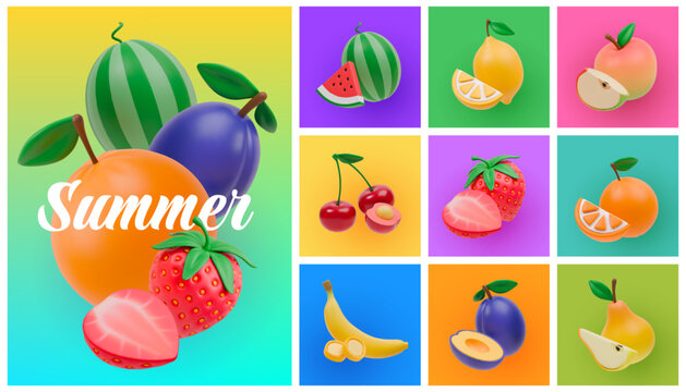 Fruit berry 3D. Sliced watermelon, strawberry. Summer orange, banana, fresh lemon and plum. Tropical cartoon render isolated icon. Healthy fresh food assortment. Colorful vegan vitamin. Vector set