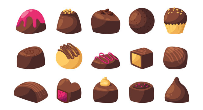 Chocolate icons. Bonbon with praline. Gift candy for holiday. Dessert from cafe. Cocoa from cafe menu. Sugar snack. Truffle for gourmet. Vector garish sweet cartoon flat style isolated illustration